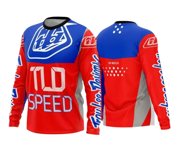 Camisa com logo no peito e estampa grande nas costas, estampando um design vibrante para amantes de motocross e trilhas, ideal para quem busca estilo e atitude no visual.